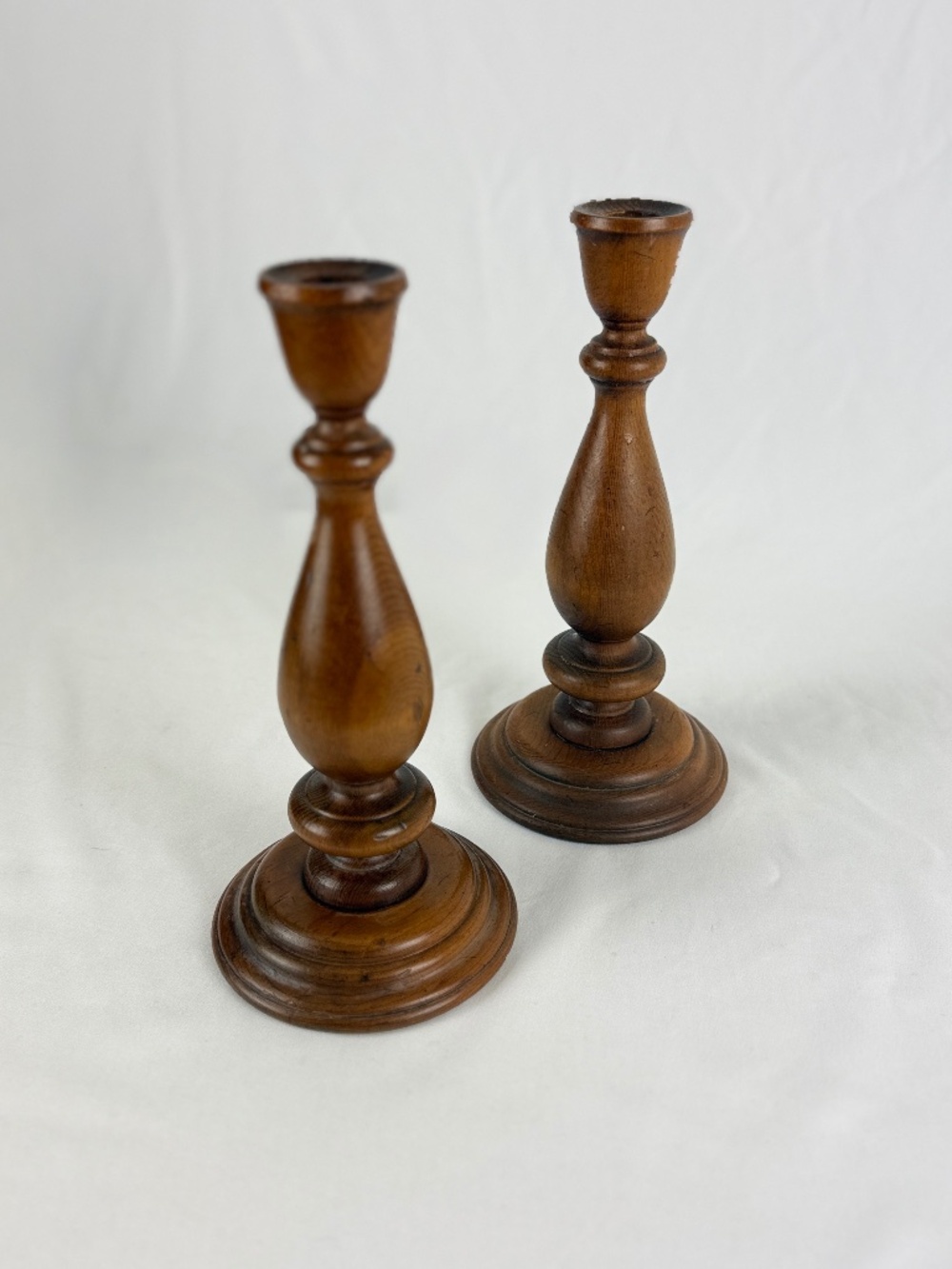 Vintage 1970s Pair Turned Wood Candle Holders 10 in High Two Candlesticks Rustic